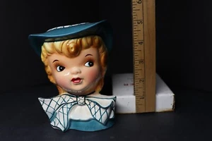 Fioriera vaso testa ragazza ceramica vintage anni 50 – cappello cofano blu stile occidentale Giappone - Foto 1 di 7