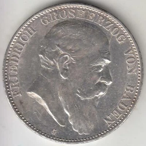 JUST REDUCED!! SCARCE 1907-G BADEN 5 MARKS SILVER UNCIRCULATED DETAILS - Picture 1 of 2