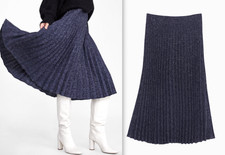 ZARA NAVY ACCORDION PLEATED TWEED MIDI SKIRT Size XS NEW