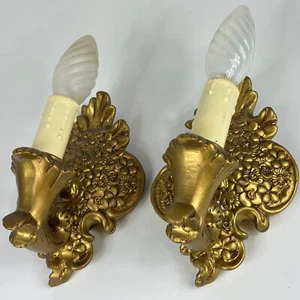 VINTAGE FRENCH PAIR OF ORNATE FLORAL SCONCES, GOLD COLOUR RESIN WALL LIGHTS - Picture 1 of 15