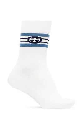 Auténticos Calcetines Gucci Para Hombre Blanco Azul Algodón Entrelazados Logo G M 676824 Nuevos Foto 1 de 3