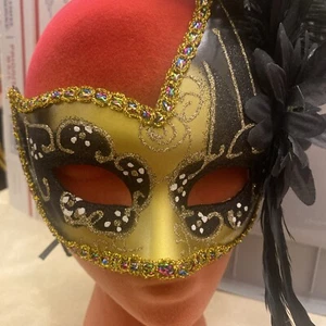 Feather Venetian Mardi Gras Masquerade Mask for Women Gold Black - Picture 1 of 7