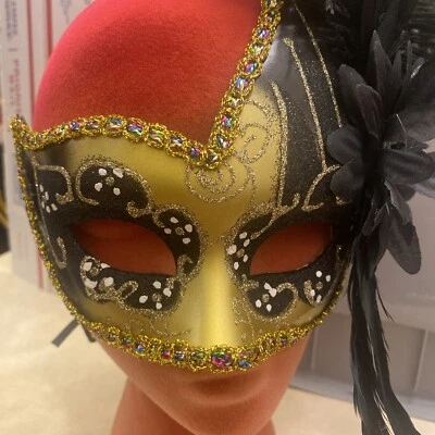 Feather Venetian Mardi Gras Masquerade Mask for Women Gold Black - Image 1 of 4