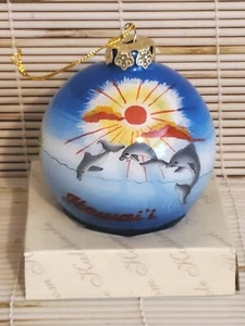 Hawaiian Hand Painted Hawaii Beach Dolphin Mele Kalikimaka Glass Ornament - Picture 1 of 8