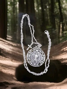 Collar Grande Religioso San Benito Diseño 2 Mini Cruz 30" Plata - Imagen 1 de 8