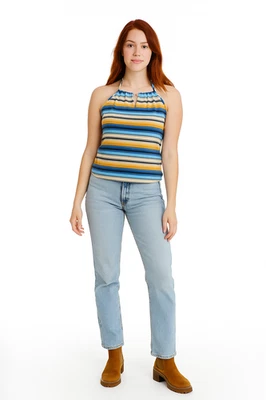 Arizona Jeans Co. с бретелью через шею в полоску верхний синий желтый XL хиппи богемное Y2K ретро - Изображение 1 из 4