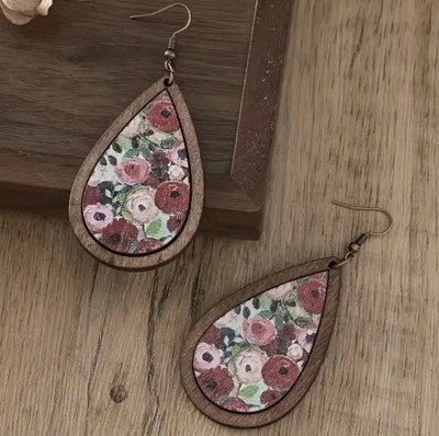 Womens Wooden Teardrop Flower Print Multi Dangle Earrings Boho Retro Jewelry Uk - Image 1 of 4
