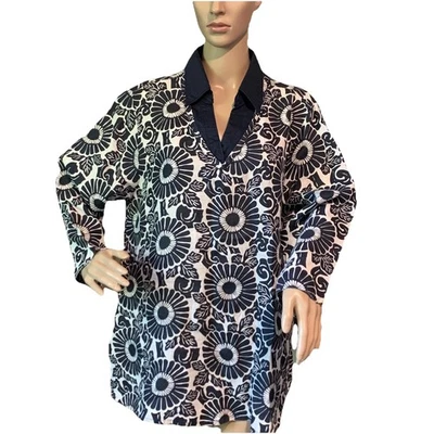 Flax Blue Floral Linen Tunic Top Blouse L Lagenlook Beach Resort Comfy - Image 1 of 4