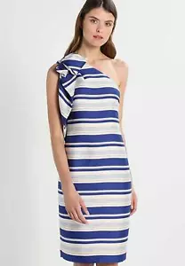 NWT BANANA REPUBLIC Y2K Blue ONE-SHOULDER BOW STRIPE DRESS Sheath 2 - Picture 1 of 6