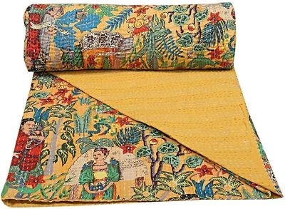 Indian Handmade Cotton Kantha Quilt Bedspread Reversible Vintage Floral Gudri - Image 1 of 4