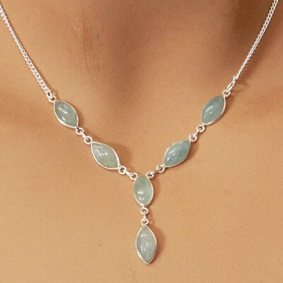 Acquamarina Argento Collana 925 Collier 40 CM Collana Pietre Preziose Cabochon - Immagine 1 di 3
