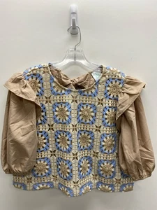 M BRAND Size XL Beige White/Blue Puff Sleeve Crochet Ladies Top - Picture 1 of 2