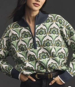 Anthropologie Maeve Floral Half Zip Sweater Green Navy Retro XL - Picture 1 of 4