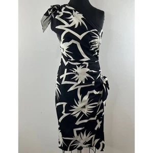 VINTAGE schwarz weiß Blumen One Shoulder knielang Bodycon Schleife Kleid 2 4 Vintage - Bild 1 von 7