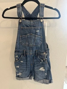 Gap Kids Blue Denim Overalls Shorts Size M Distressed Shortalls - Picture 1 of 5