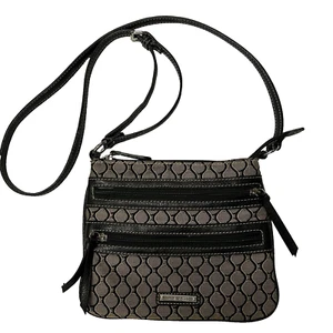 Nine West Crossbody Bag Purse Small Woven Adjust Strap Zippers Tan Black Preppy - Picture 1 of 8