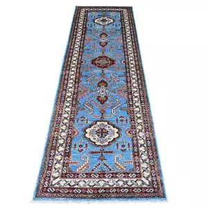 2'9"x8'8" Copen Blue Super Kazak Hand Knotted Medallions Wool Runner Rug G89311 - Picture 1 of 6