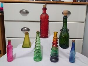 Vintage Coloured Glass Bottles various sizes x 7