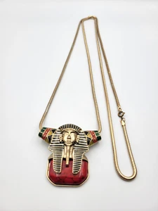 Vintage Egyptian Revival Pharaoh Pendant Necklace Enamel Stone 50" Gold Tone - Picture 1 of 15