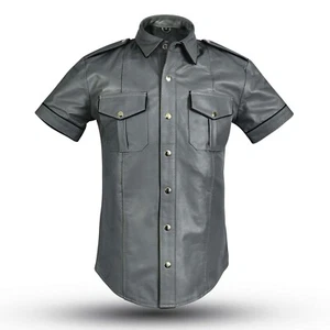 aw-6651 Graues lederhemd mit Paspeln leder hemd Slim Fit Police leather shirt - Picture 1 of 4