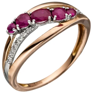 Anillo de Mujer Con Rubí Rojo & 16 Diamantes Brillantes, 585 Oro Rojo - Imagen 1 de 1