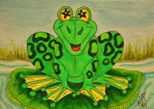 Frosch Lilien Pad Retro Kröte Sternaugen Original ACEO Mini Kim Loberg Tierkunst EBSQ - Bild 1 von 5