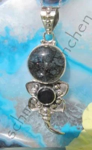 Ω Rimorchio Fiore Quarzo Rutilato Grigio E Nero Onice Argento Sterling 925 - Foto 1 di 4