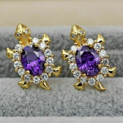4Ct Oval Simulated Purple Amethyst Tortoise Stud Earrings 14k Yellow Gold Plated - Image 1 of 4