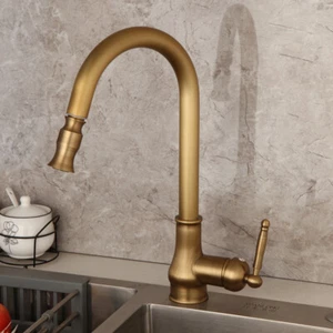 Pull-Out Kitchen Faucet Antique Brass 360° Swivel One Hole Mixer Deck Mount Tap - Picture 1 of 12