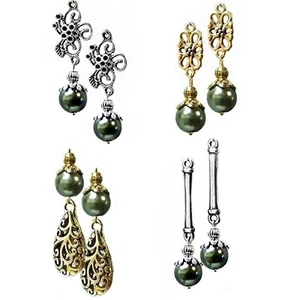 Earrings olive green pearl drop, STYLE CHOICE, clip on or pierced - Picture 1 of 8