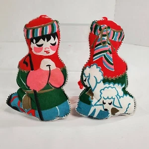 Lot of 2 Homemade Kneeling Shepherd Christmas Ornaments Sewn Stuffed Fabric - Picture 1 of 6