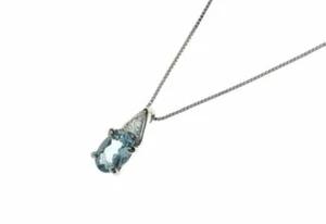 COLLANA ORO BIANCO 18K, CON ACQUAMARINA OVALE PENDENTE E DIAMANTE, CATENA VENETA - Foto 1 di 7