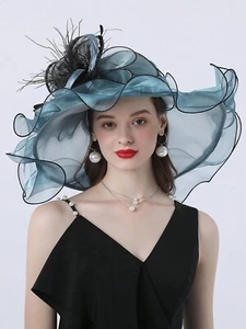 Organza Church Fascinator Hat For Women Cocktail Tea Party Dress Wide Brim Hats - Picture 1 of 6