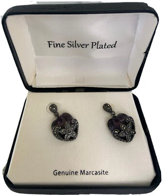 NWT Genuine Marcasite Heart Earrings Silver Plate Amethyst Purple Gem Dangle - Image 1 of 4