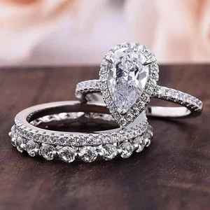 3.50Ct Pear Cut Moissanite Trio Bridal Set Engagement Ring 14K White Gold Plated - Picture 1 of 9