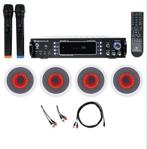 Rockville Bluetooth Karaoke Amplifier Receiver+4) 6.5" LED Ceiling Speakers+Mics - Picture 1 of 12