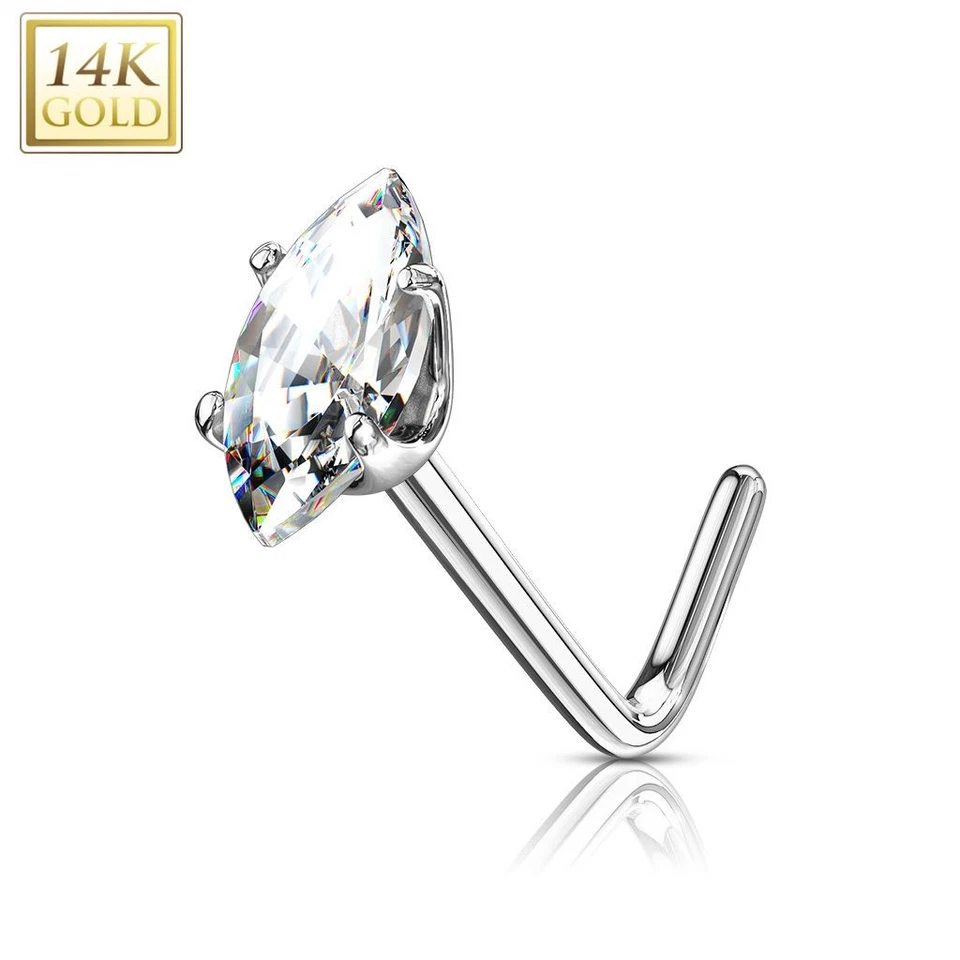 Piercing Nasale In Oro Bianco 14 Carati Con Pietra Marquise Bianca - Immagine 1 di 1