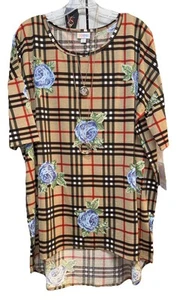 NWT LuLaRoe XL Tan Red Plaid Blue Green Roses Flowers Irma Oversized Tunic Top - Picture 1 of 8