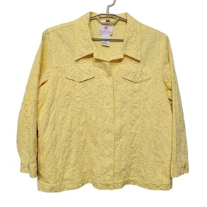 Vintage Y2K Quacker Factory Trucker Jacket Plus Size 1X Yellow Eyelet Lace Beads - Picture 1 of 6