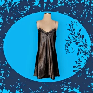 LINEA DONATELLA Black Satin LACE TRIM Slip Dress Nightgown CHEMISE Womens Medium - Picture 1 of 10