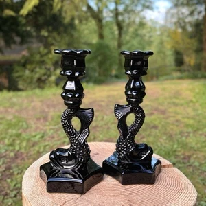 PAIR 40’s WESTMORELAND BLACK MILK GLASS CANDLE HOLDERS Chinese Dolphin Koi Fish - Picture 1 of 8