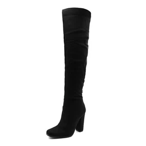 Glaze Women's Black Faux Suede Over the Knee BooT with 4 Inch Block Heel - Picture 1 of 14