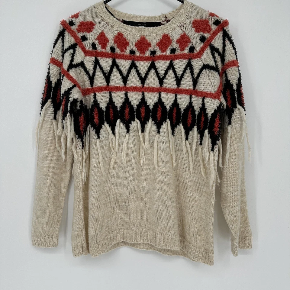 Kensie Sweater Womens XS Cream Black Red Fringe Knit Pullover Aztec Pattern Boho - Image 1 of 4
