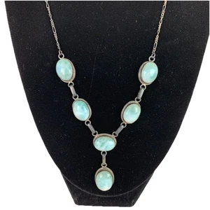 Sterling Silver Necklace Larimar Pendant 6 Oval Blue Stones Vtg Stamped 925 - Picture 1 of 12