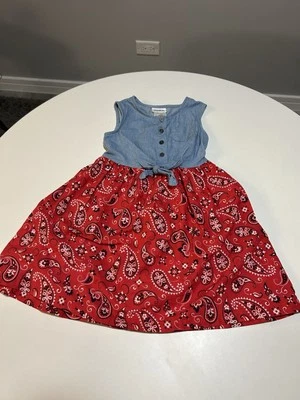 Vestido Blueberi Boulevard Niñas Talla 5 Rojo Paisley Denim Top 100% Algodón Foto 1 de 4