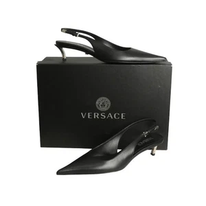 VERSACE- NIB Black Leather Sling Back Pumps, Size 40 - Picture 1 of 7