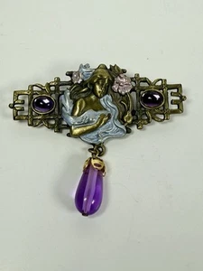 Spilla/spilla vintage JJ Jonette Art Nouveau - pietre viola con dama - bronzo  - Foto 1 di 4
