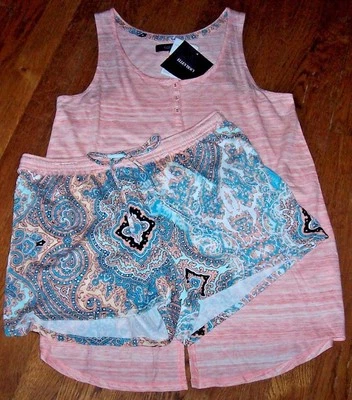 NUEVO CON ETIQUETAS Ellen Tracy ARTSY Melocotón Espalda Dividida Top/Aqua PAISLEY Pantalones Cortos Conjunto de Pijama S Suave Foto 1 de 4
