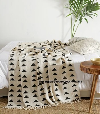Mudcloth Throw Sofa Decor Hand Loom Blanket Boho Block Print Single Size Throw - Image 1 of 4