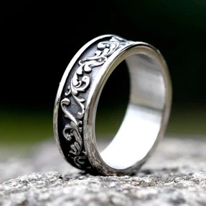 Gothic Leaf Pattern Ring Stainless Steel Viking Rock Soul Biker Punk Cool Ring - Picture 1 of 7